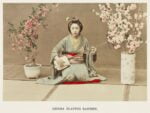 Geisha Playing Samisen, hand–colored albumen silver print from Japan. Described and Illustrated by the Japanese (1897) by Kazumasa Ogawa.